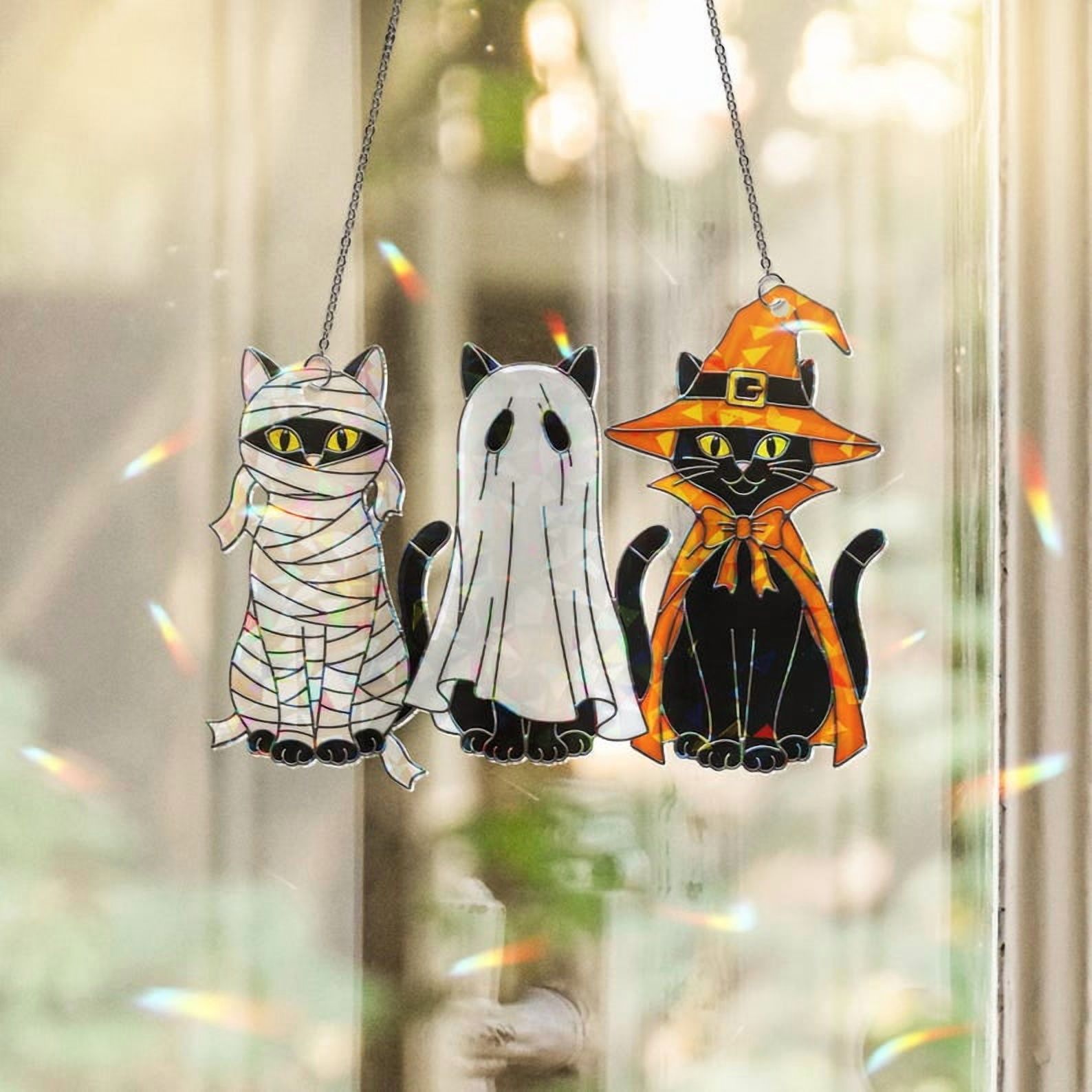 Hologram Halloween Cat Ornament: Acrylic Window Hanging, Spooky Decor