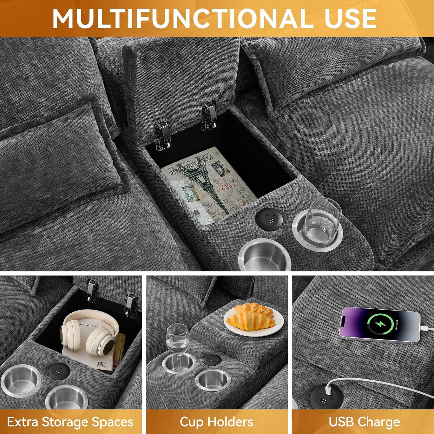 125'' U Shaped Cloud Modular Sectional Sofa with Chaise Lounges, Chenille Upholstered Comfy Couch with Storage Console, USB Charging Ports & Cup Holders, Modern Deep Seat Sofa for Living Room, Black