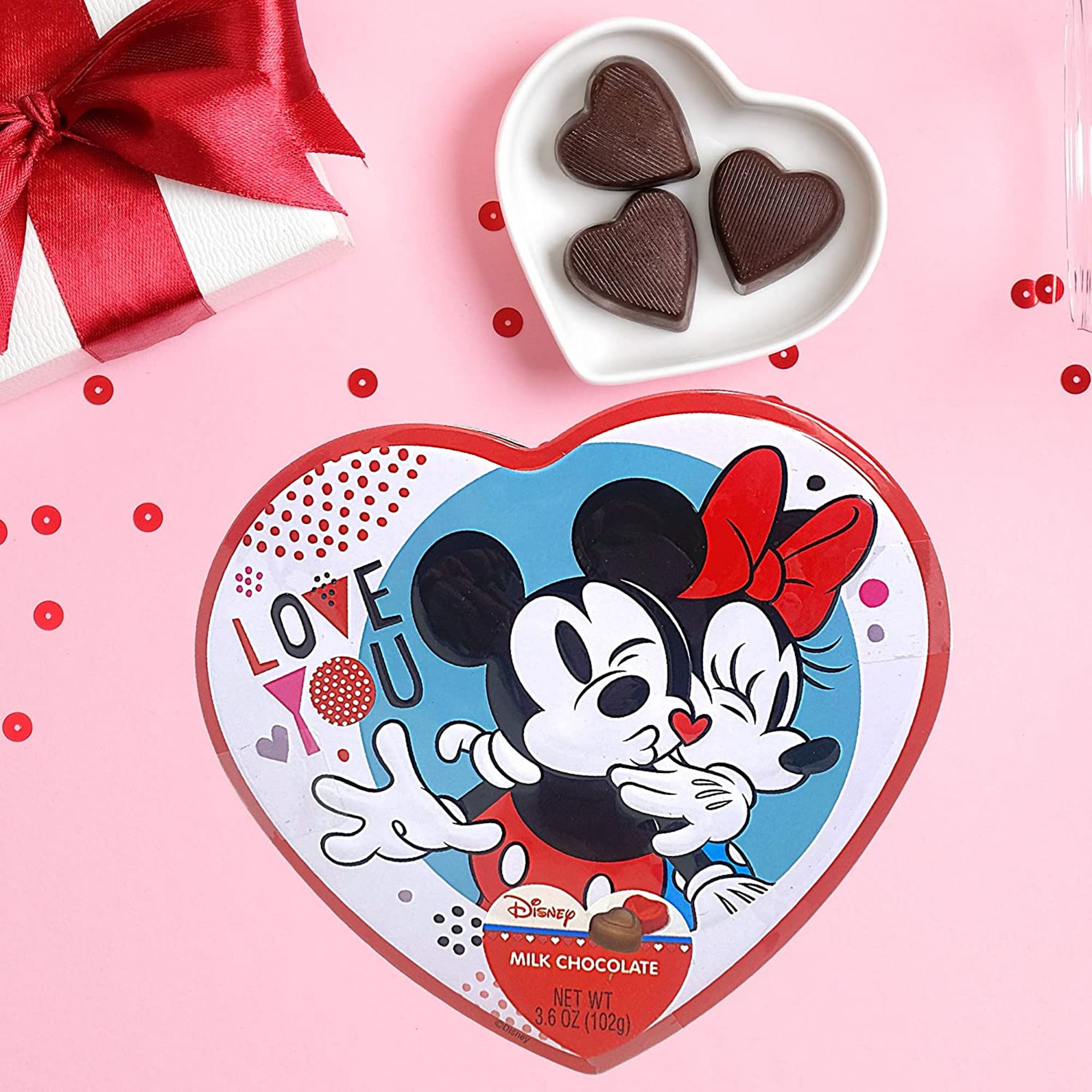 Mickey and Minnie Heart Tin, Anniversary Candy Milk Chocolate Hearts, 3.6 Ounces