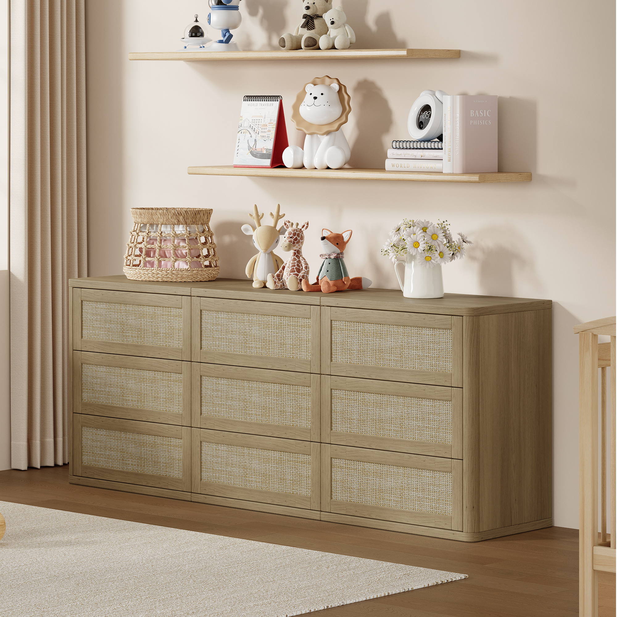 SICOTAS 103.4" Wide 12 Drawer Modular Rattan Dresser,Extra Long Dresser with Rattan Chric & Pop-up Drawers for Bedroom Living Room, Amber Oak