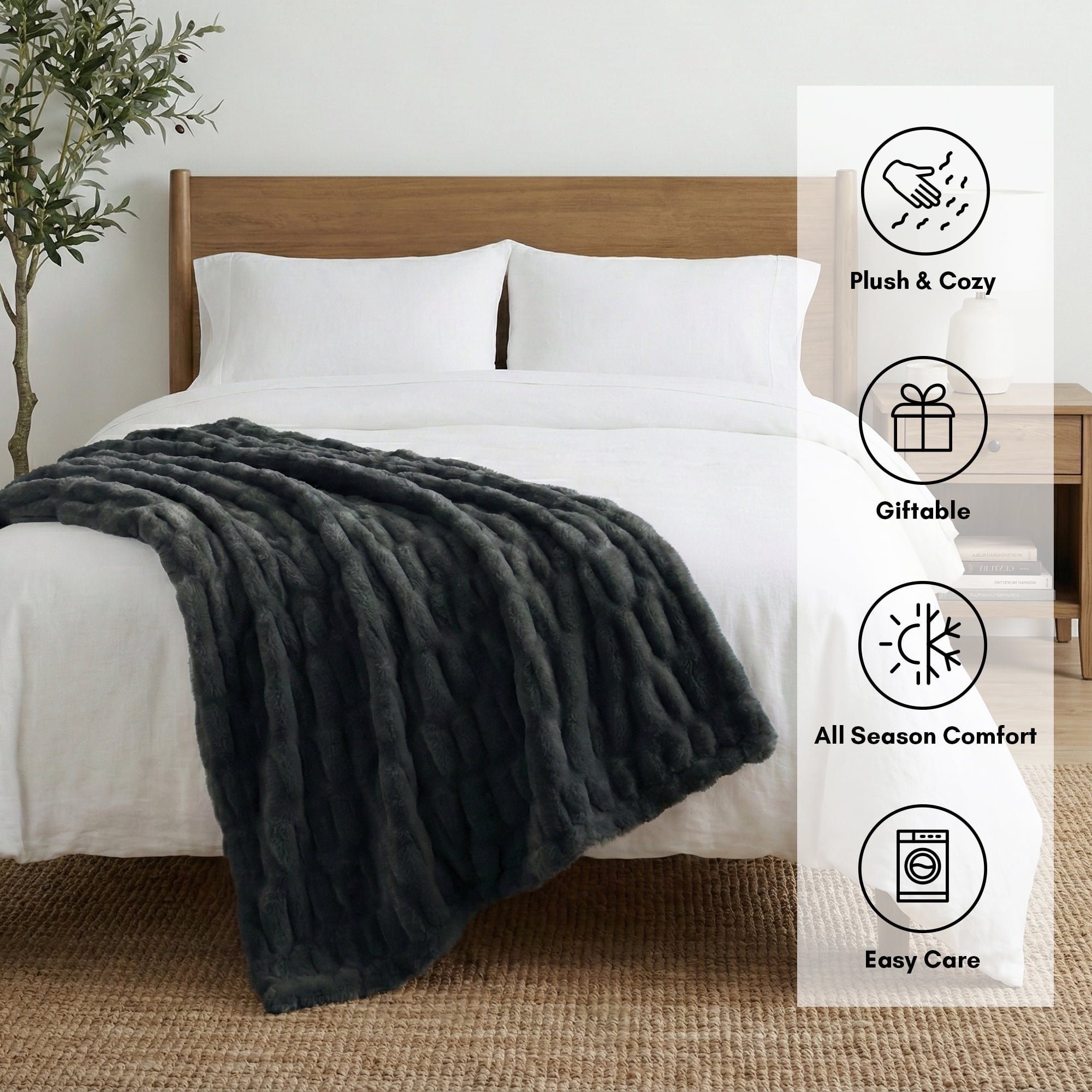 Faux Fur Throw Blanket - 50x60 Inch Luxury Rouched Design - Soft Plush Blanket for Couch, Sofa, and Bed - Premium Warm Cozy Home Decor - Grey