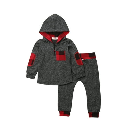

Fanvereka Baby Boy Girl Plaid Pocket Long Sleeve Hoodie Sweatshirt Long Pants