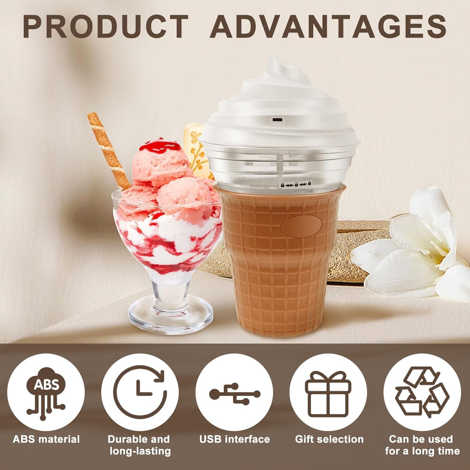 Mini Ice Cream Maker, 450ML Automatic Electric Ice Cream Maker with USB Charge Port, Multi-Purpose Homemade Soft Serve Ice Cream Machine for Gelato Sorbet Frozen Yogurt, Kitchen Gadgets, Brown