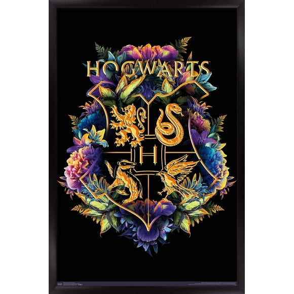 Trends International The Wizarding World: Harry Potter - Floral House Crests Wall Poster, 14.725" x 22.375", Black Framed Version