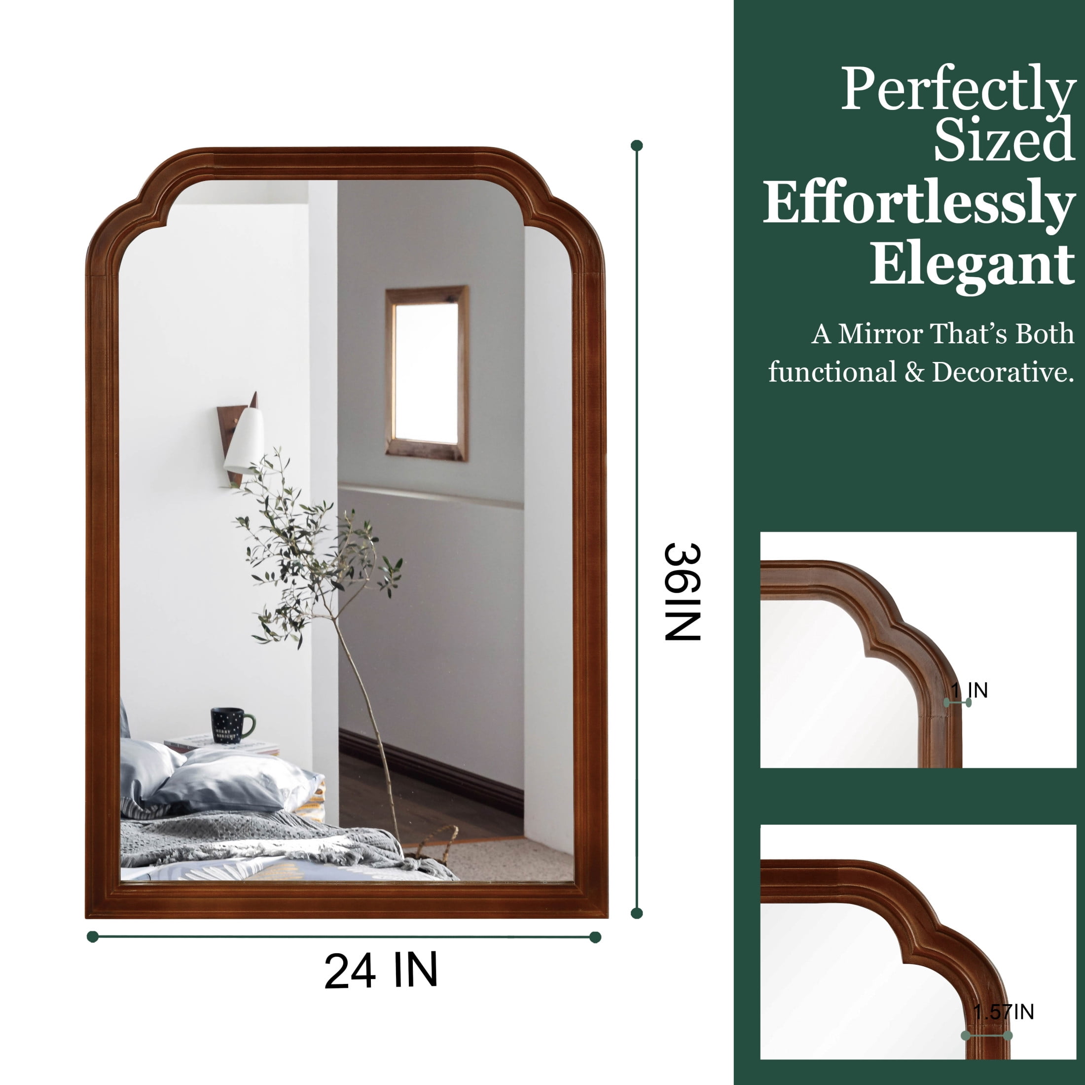 Noble House 24"x36" Rounded Corner Solid Wood Wall Mirror, Decorative Bathroom Rectangle Accent Mirror, Walnut