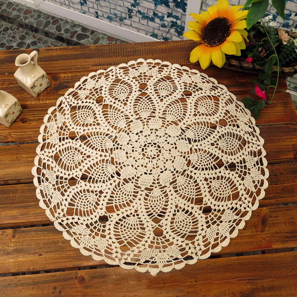Handmade rectangular floral flower white cotton crocheted doily 25 x 42 cm