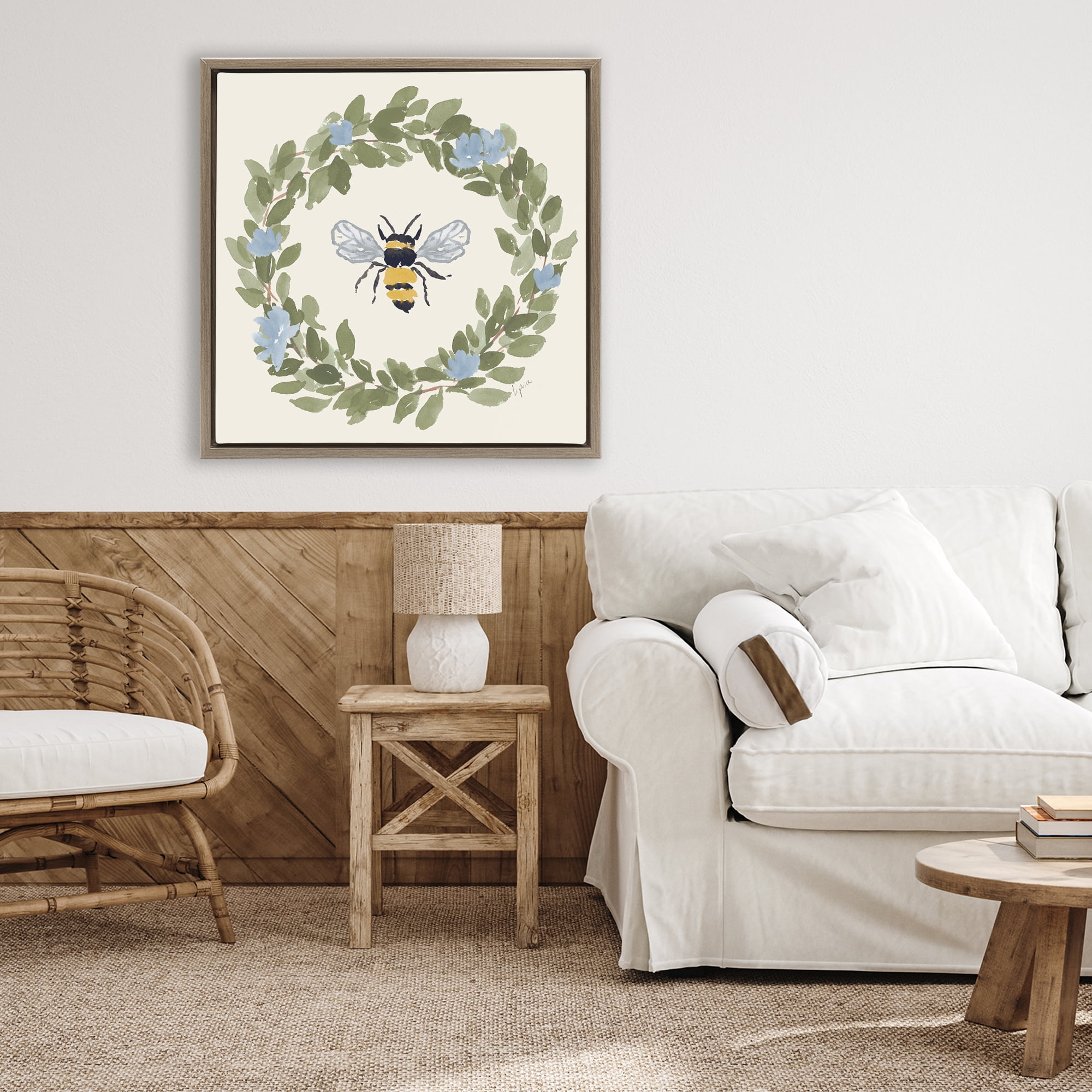 Stupell Industries Bee Celebration Wreath Brown Framed Floater Canvas Wall Art, design by Lucille Price