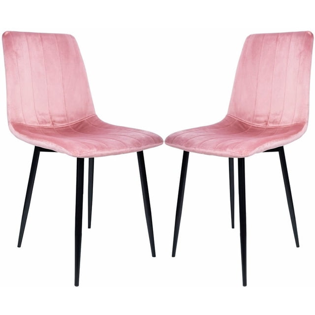 sillas comedor terciopelo vintage rack & pack rosa sala habitación 2 piezas Vista frontal de dos sillas Eames Rack & Pack en acabado tipo terciopelo rosa, asiento contorneado con costuras verticales, patas de metal con acabado en madera y tornillería visible, carcasa de plástico bajo el tapizado, fondo blanco; para comedor, oficina o cafetería, también aptas como sillas de tocador o escritorio.