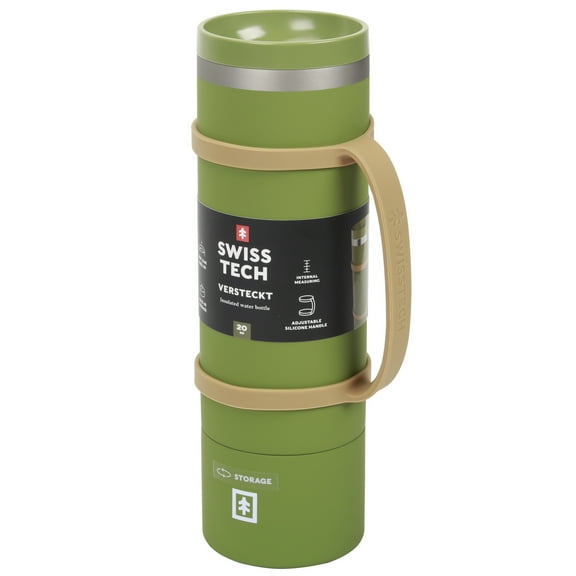 Swiss Tech 20 oz Insulated Water Bottle, Stainless Steel, 360 Sip Lid with Hidden Storage, Soft Touch Green