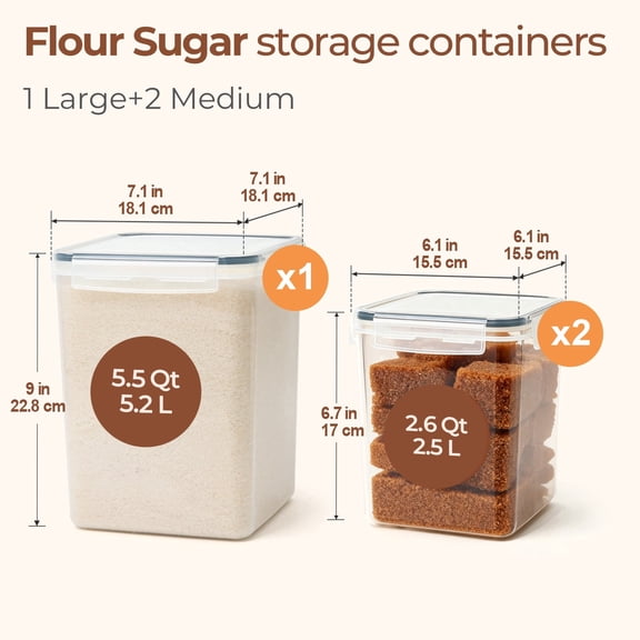 ComSaf 3 Pack Square Airtight Storage Canisters 5.5Qt & 2.6Qt Wide Mouth Stackable for Flour Sugar Pantry Organization