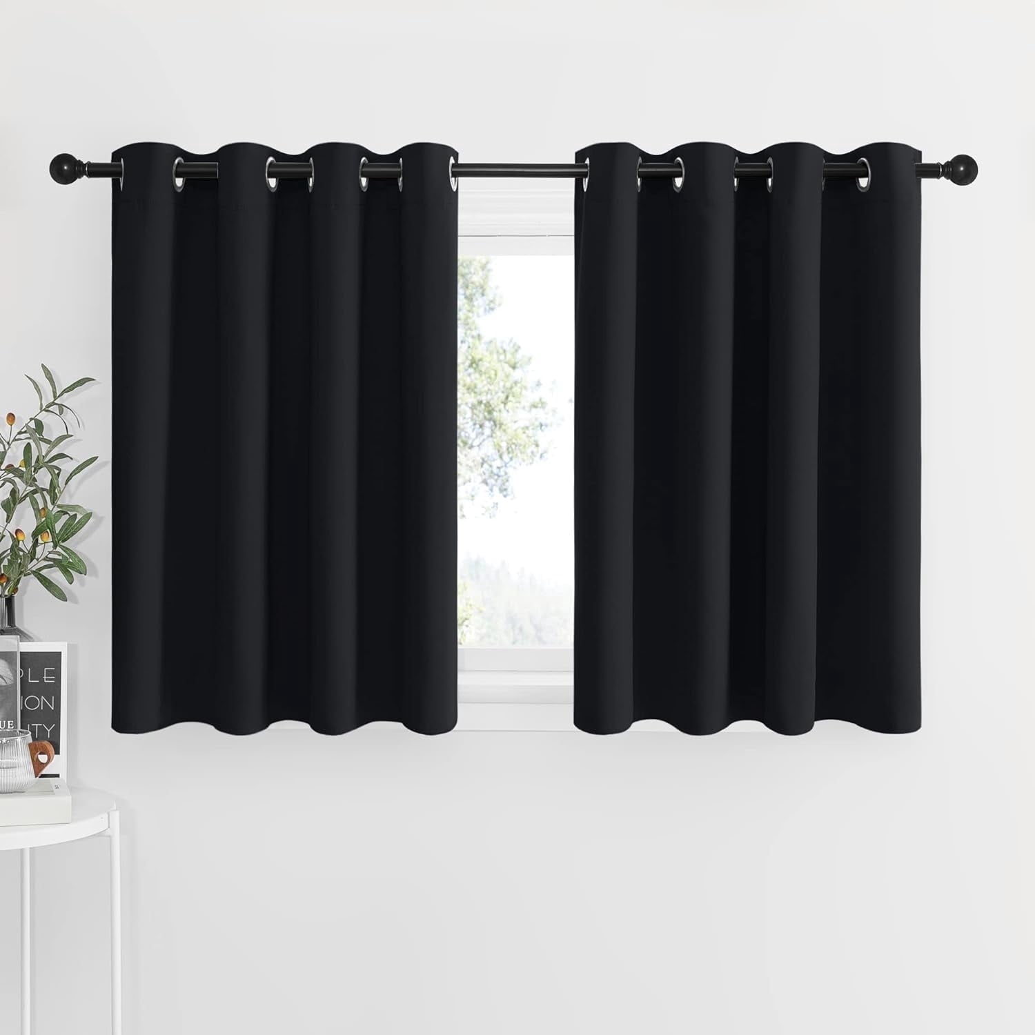 NICETOWN Blackout Curtains for Kitchen, Room Darkening Thermal Insulated Curtains Noise Reducing Privacy Grommet Drapes for Bedroom, 52"x36", Black, 2 Panels