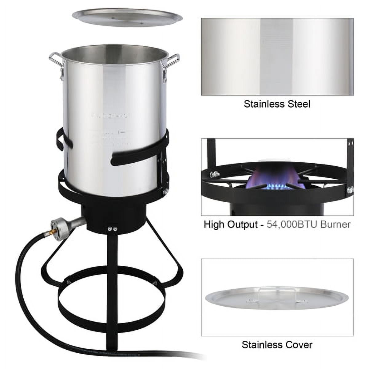 13x32inch Four-Piece Set, Black Round Iron Stove Frame, Silver Aluminum 30qt Turkey Pot 10qt Fish Pot, Gas Fryer