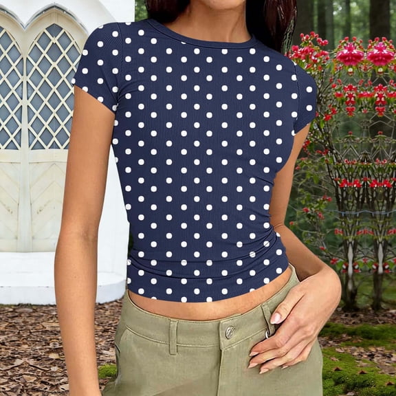 UQJfacai Womens Short Sleeve Tops Crewneck Ribbed Knit Slim Fitted Basic Tee Shirts Casual Summer Polka Dot Blouse S-2XL