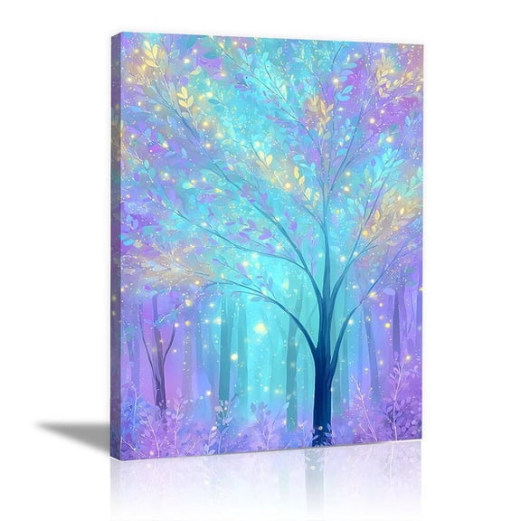 Mudket Framed Canvas Wall Art, Enchanted Purple Blue Fantasy Tree Forest Wall Decor, Magical Glowing Waterproof Art Prints for Bedroom Kids Room Living Room Home Decor - 12"L x 8"W