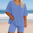 thumbnail image 2 of Yteetum Two Piece Outfits For Women Summer Plus Size Solid Color V-Neck Short Sleeve Top Homewear T Shirts and Shorts Two Piece Sets XL, 2 of 5