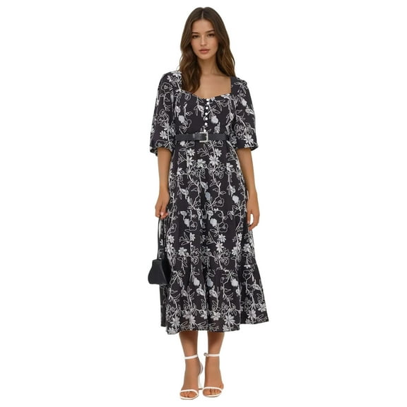 Embroidered Sweetheart Neck Tiered Maxi Dress with a Puff Sleeves