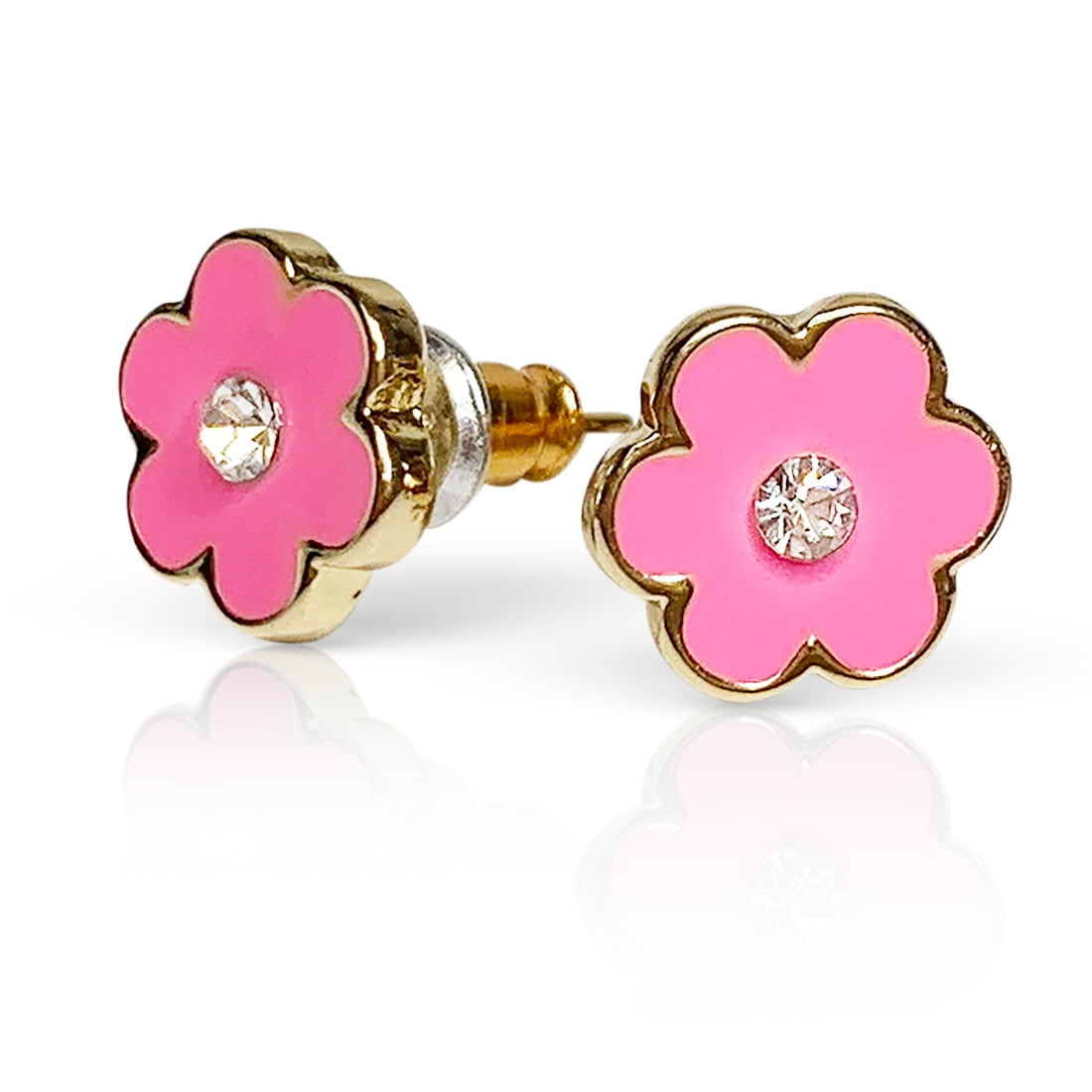 Light Pink Enamel Flowers Yellow Gold-Tone Kids Girls Leverback Pierced Earrings 
