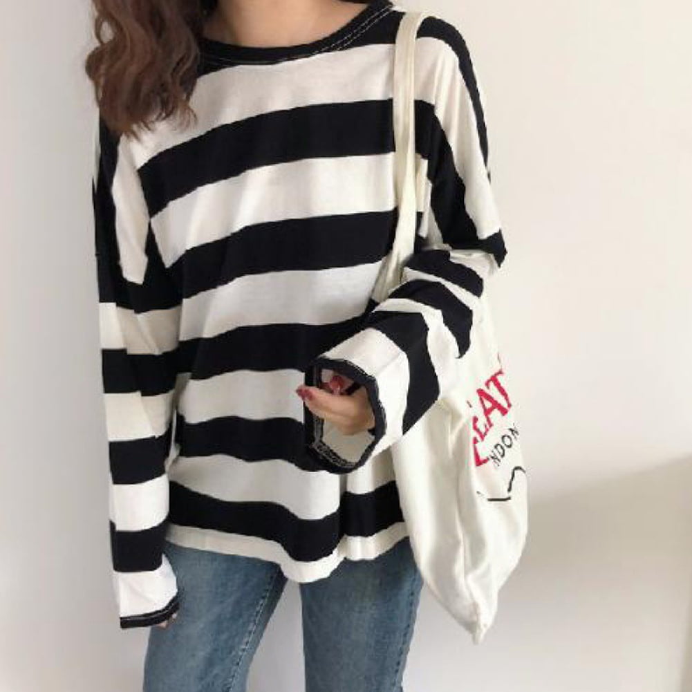 iCJJL Womens Pullover Sweatshirt Casual Crew Neck Long Sleeve Color Block Striped Loose Fit Sweater Jumper Tops 