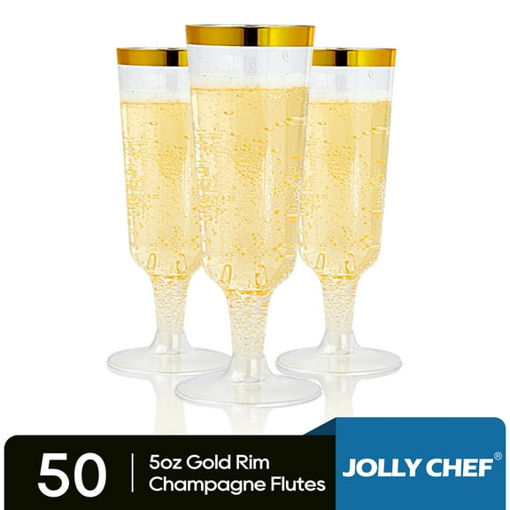 JOLLY CHEF Disposable Plastic Champagne Flutes, Plastic Champagne Glasses,Gold Rim,5 oz,50 Pack