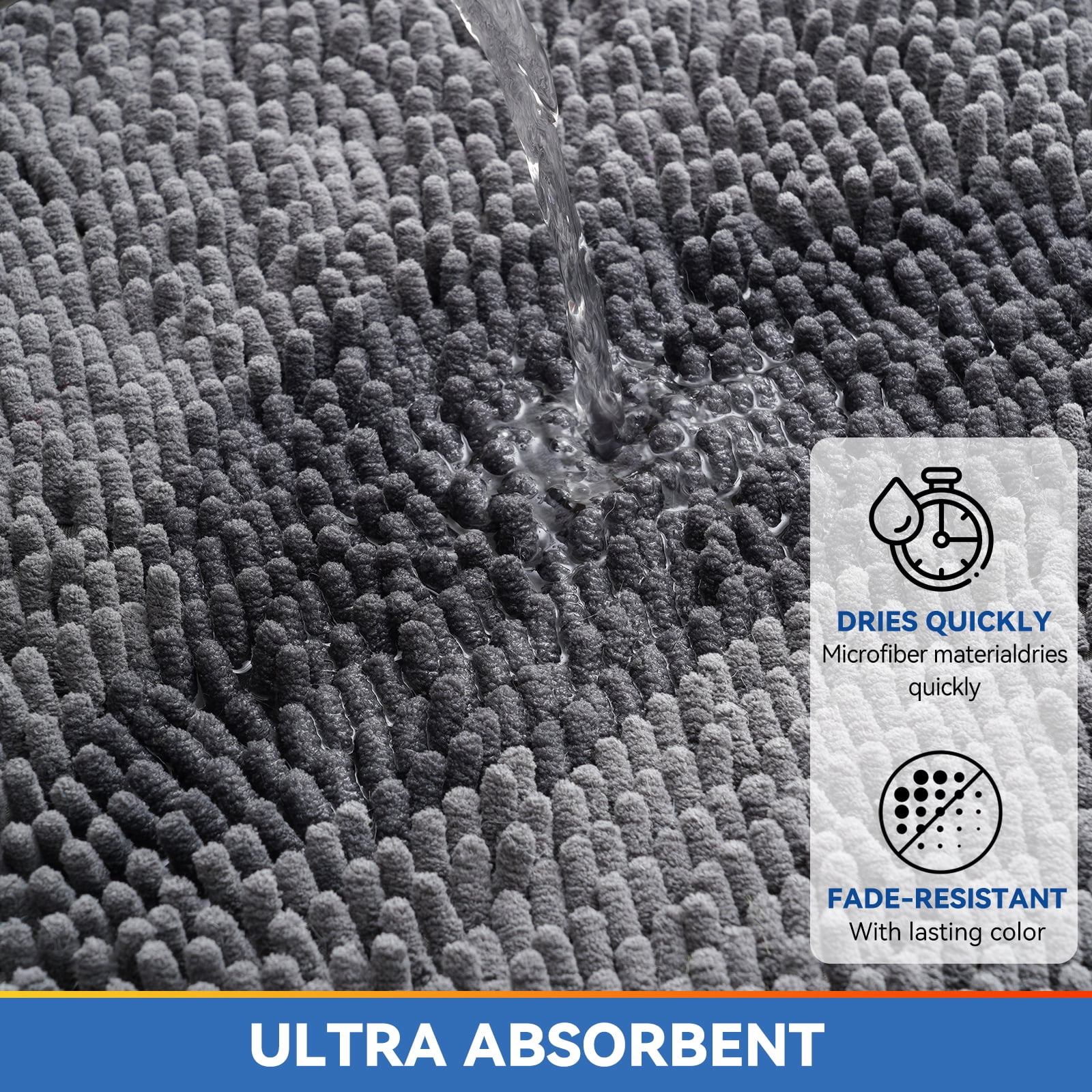 Pinnacle Home Chenille Bath Rugs 30x20 Inch, Quick Dry Washable Microfiber Pad, White Rubber Backing, Bath Mat Set for Bathroom