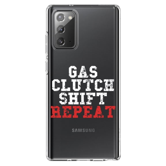 DistinctInk Clear Shockproof Hybrid Case for Samsung Galaxy Note 20 (6.7" Screen) - TPU Bumper Acrylic Back Tempered Glass Screen Protector - Gas Clutch Shift Repeat