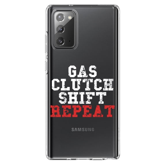DistinctInk Clear Shockproof Hybrid Case for Samsung Galaxy Note 20 (6.7" Screen) - TPU Bumper Acrylic Back Tempered Glass Screen Protector - Gas Clutch Shift Repeat