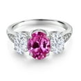 thumbnail image 2 of Gem Stone King 10K White Gold Pink Created Sapphire White Moissanite and White Lab Grown Diamond 3 Stone Engagement Ring for Women (2.69 Cttw, Available in Size 5, 6, 7, 8, 9), 2 of 5