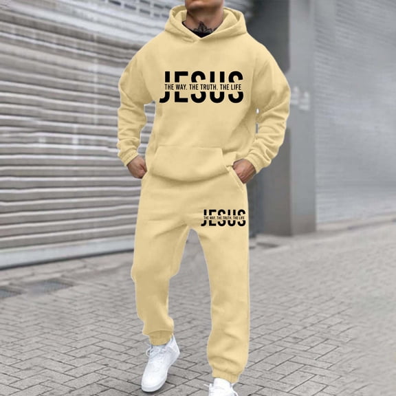 Jogging Suits for Men 2 Piece Set letter print Relaxed Fit Hoodie Sweatshirt and Joggers Sweatpants Sets Casual Pullover Suit with Pocket Beige L