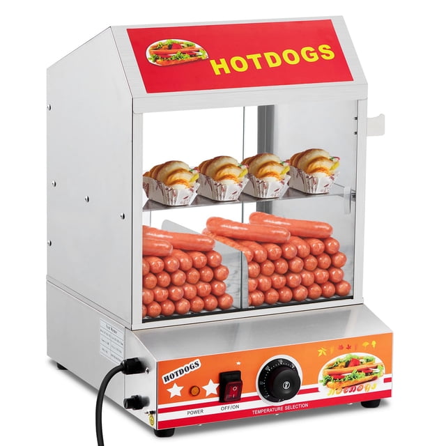 Yeshouse vaporera eléctrica para perritos calientes de 2 niveles, 28,5 cuartos, acero inoxidable con puertas de vidrio y separador, ideal para calentar perritos y pan, uso comercial