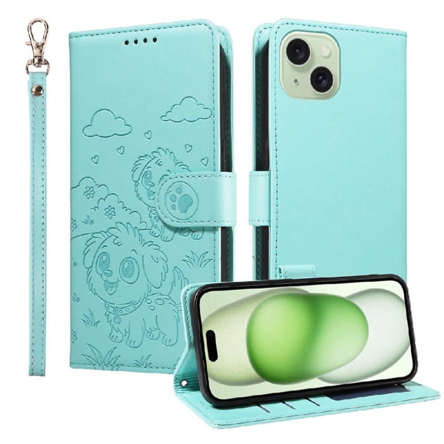 Funda Cartera GANGXUN con Diseño de Perrito en Relieve para iPhone 15 Plus , Protección 360° con Ranuras y Correa Desmontable