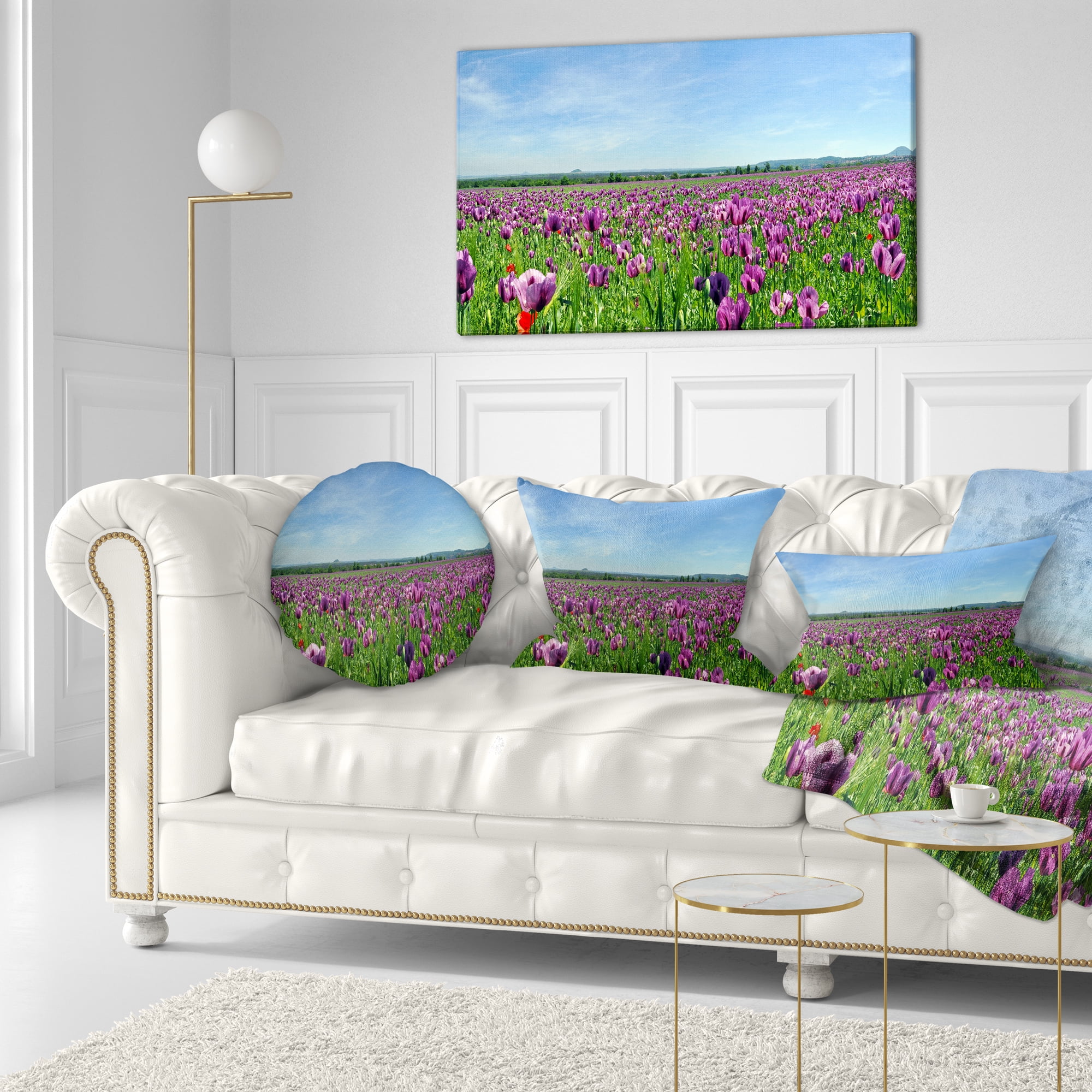 Designart Purple Poppy Field Panorama - Floral Throw Pillow - 12x20