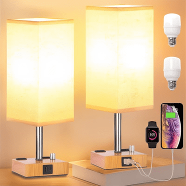 Duo de Lámparas de Buro Bluelander, Lámpara de Noche con Bombilla y Puerto USB+C, Salida CA, Madera