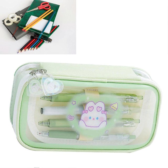 Large Capacity Pencil Case Transparent Window Cute Cartoon Pattern Waterproof Stationery Pouch for Home School Office Green