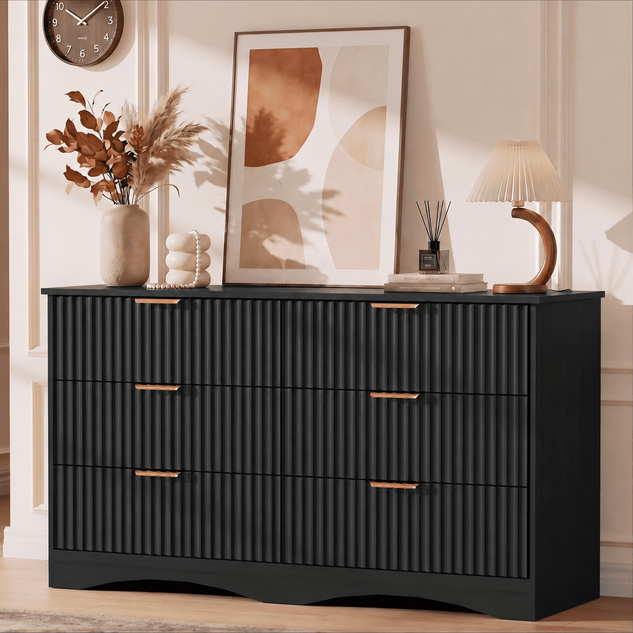 Lacoo 6 Drawer Dresser, 47'' Wide Fluted Dresser with Gold-Tone Handles, Wood Storage Chest with Smooth Glides, Modern Low Dresser for Bedroom, Living Room, Black