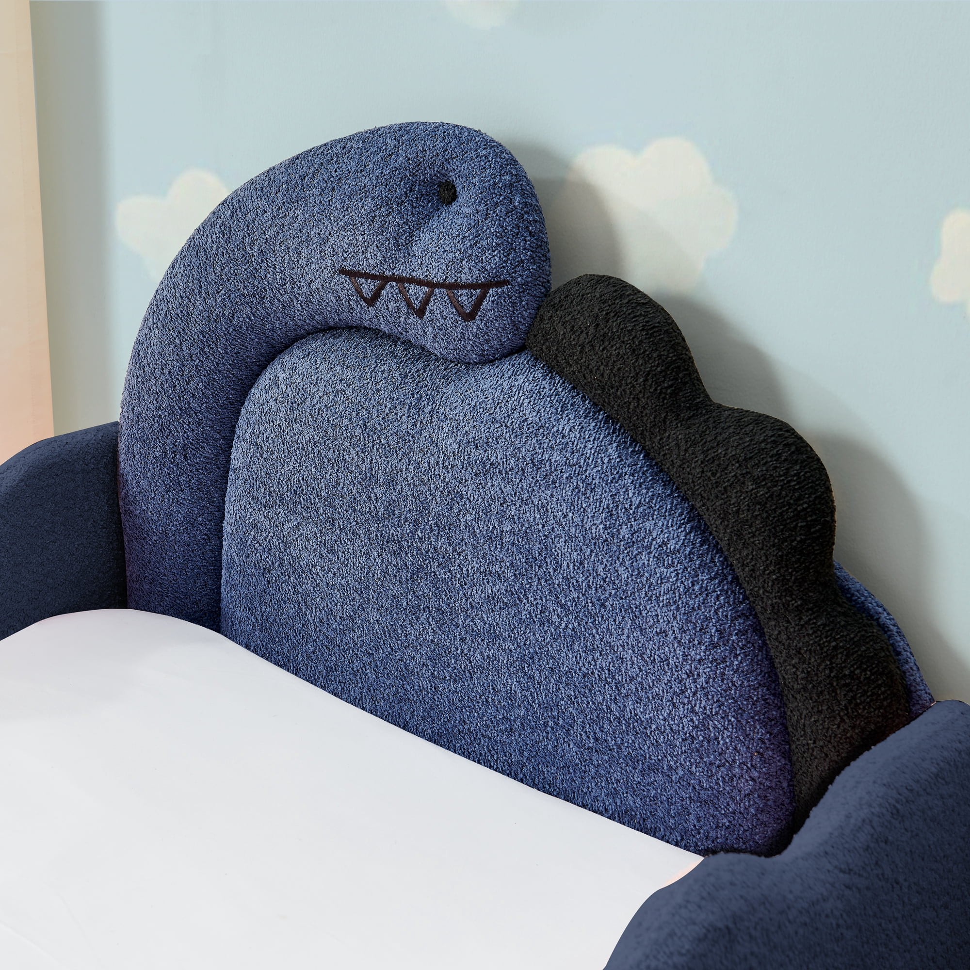 Avobird Twin Size Cute Dinosaur-Shaped Kids Bed with Safety Guardraild, Solid Wood Toddler Bed Frame for Children for Bedroom, Boucle Fabric, Navy Blue