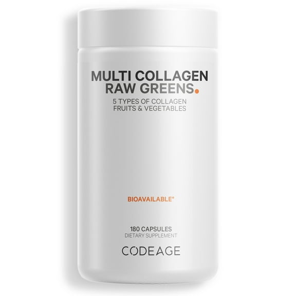 Codeage Multi Collagen Raw Greens, 5 Types Collagen Peptides Capsules, Organic Fruits & Vegetables, 180 ct
