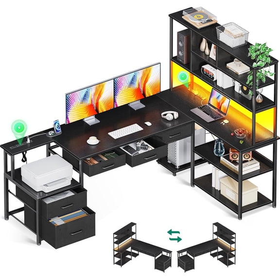 AODK 71 inch L Shaped Desk with 5 Drawers, Reversible L Shaped Gaming Desk with LED Light & 2 Power Outlets, Computer Desk with Storage Shelves for Home Office, Black