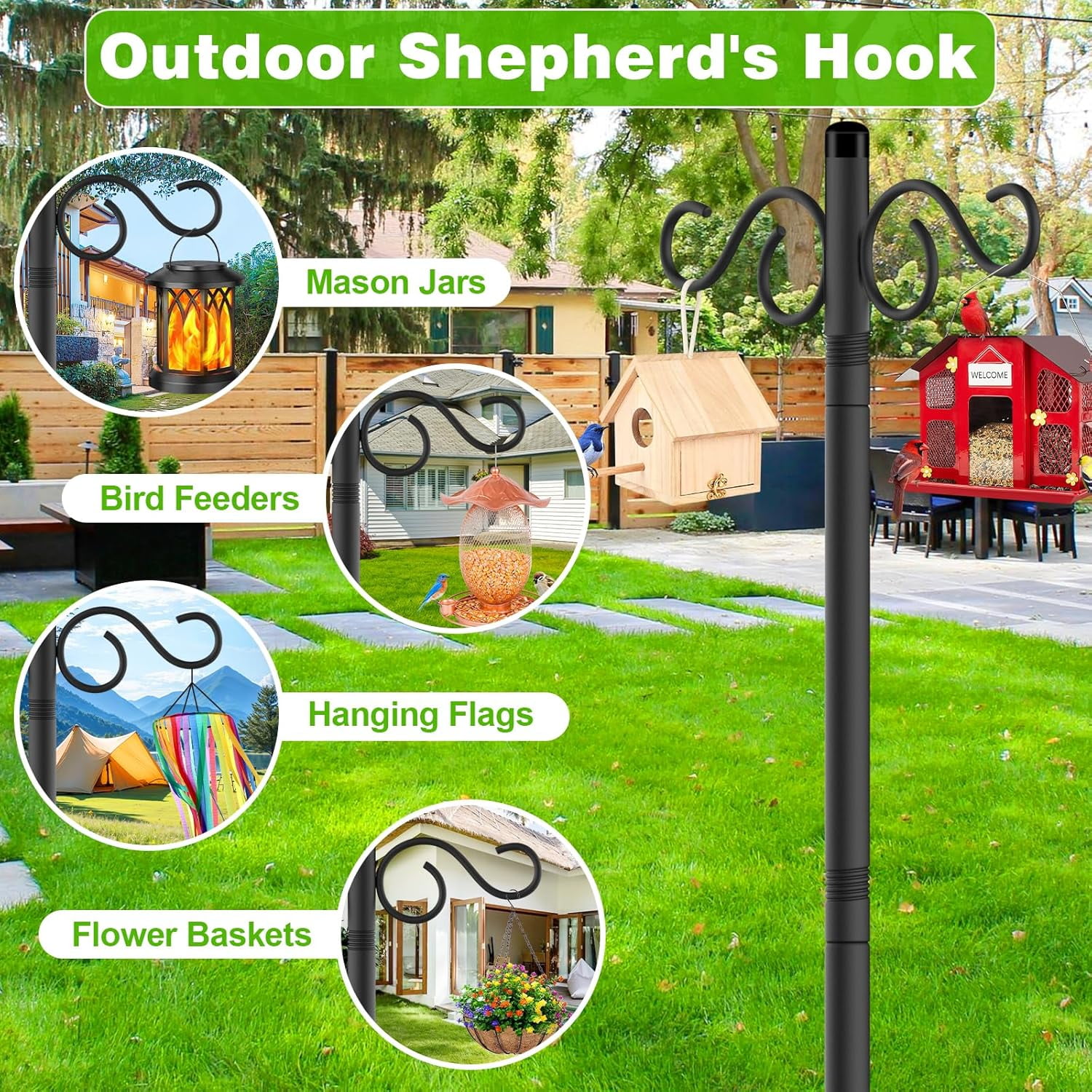 Double Shepherds Hooks For Outdoor 2 Pack 90 Inch Bird Feeder Pole With 5 Prongs Base Heavy Duty Hook Suitable Garden In Hanging Flower Basket Lantern Nests (90 Inch)