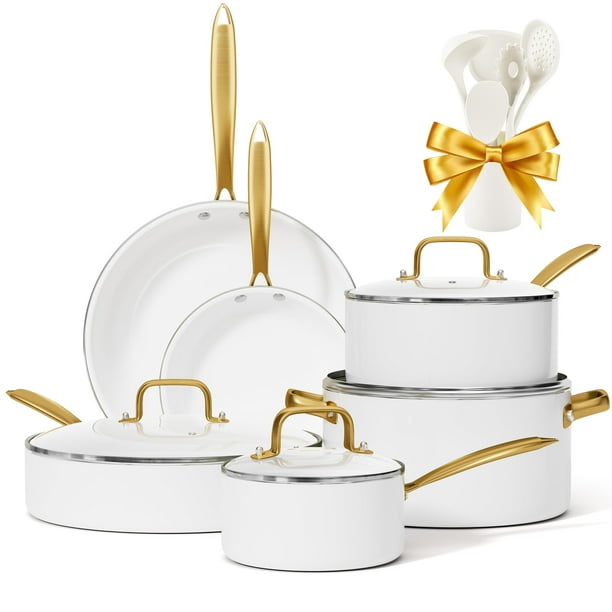 Juego de utensilios de cocina VONIKI Ceramic, 16 piezas, antiadherentes con utensilios, color blanco