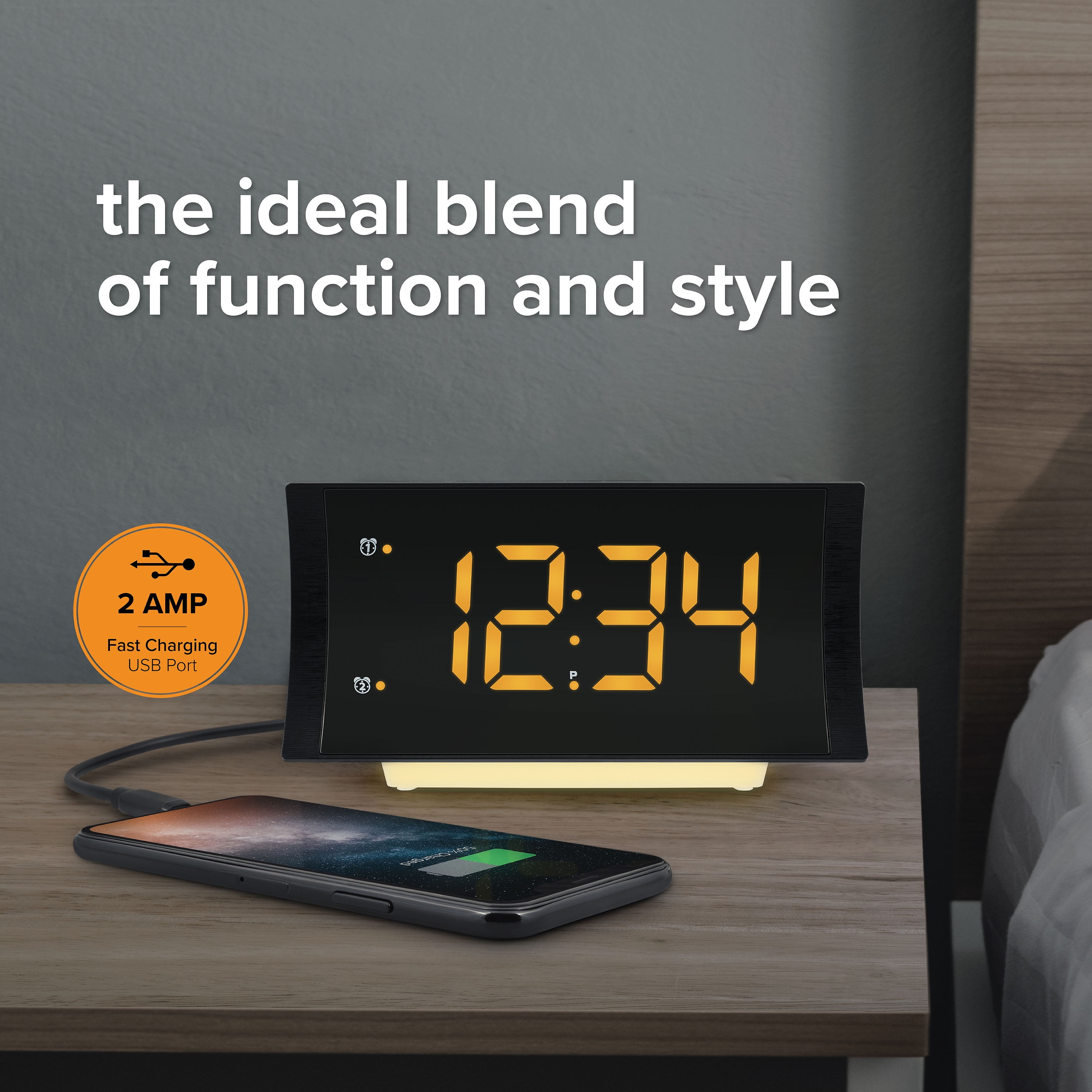 La Crosse Technology Black LED Bedside Alarm Clock 617-89577-INT with Radio and USB port