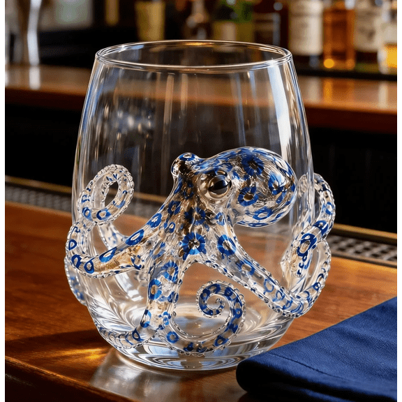 1PC Artisanal Blue Ringed Octopus Glassware, 3D Decorative Octopus Borosilicate Tumbler, Artisanal Ocean Themed Drinking Glass for Home Bar Coastal Decor