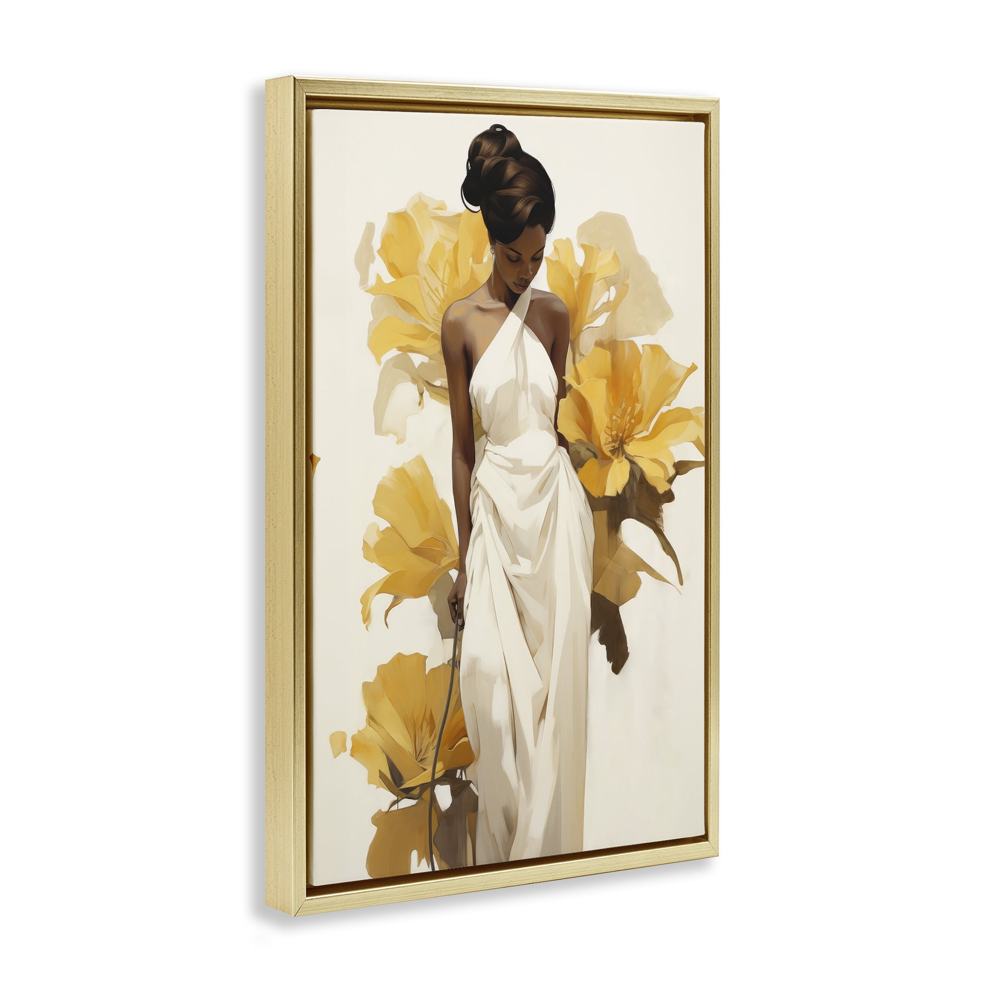 Stupell Industries Elegant Woman with Flowers People Painting Gold Floater Framed Canvas Art Print Wall Art, 17 x 25