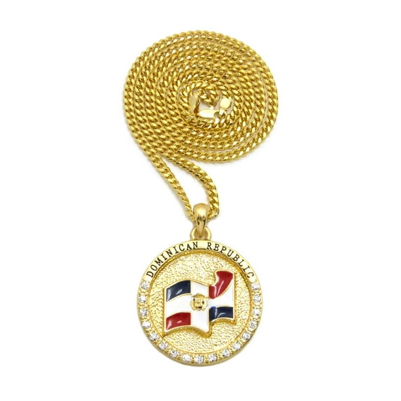Stone Stud Dominican Republic Waving Flag Medal with 3mm Cuban Chain Necklace, Gold-Tone/24"