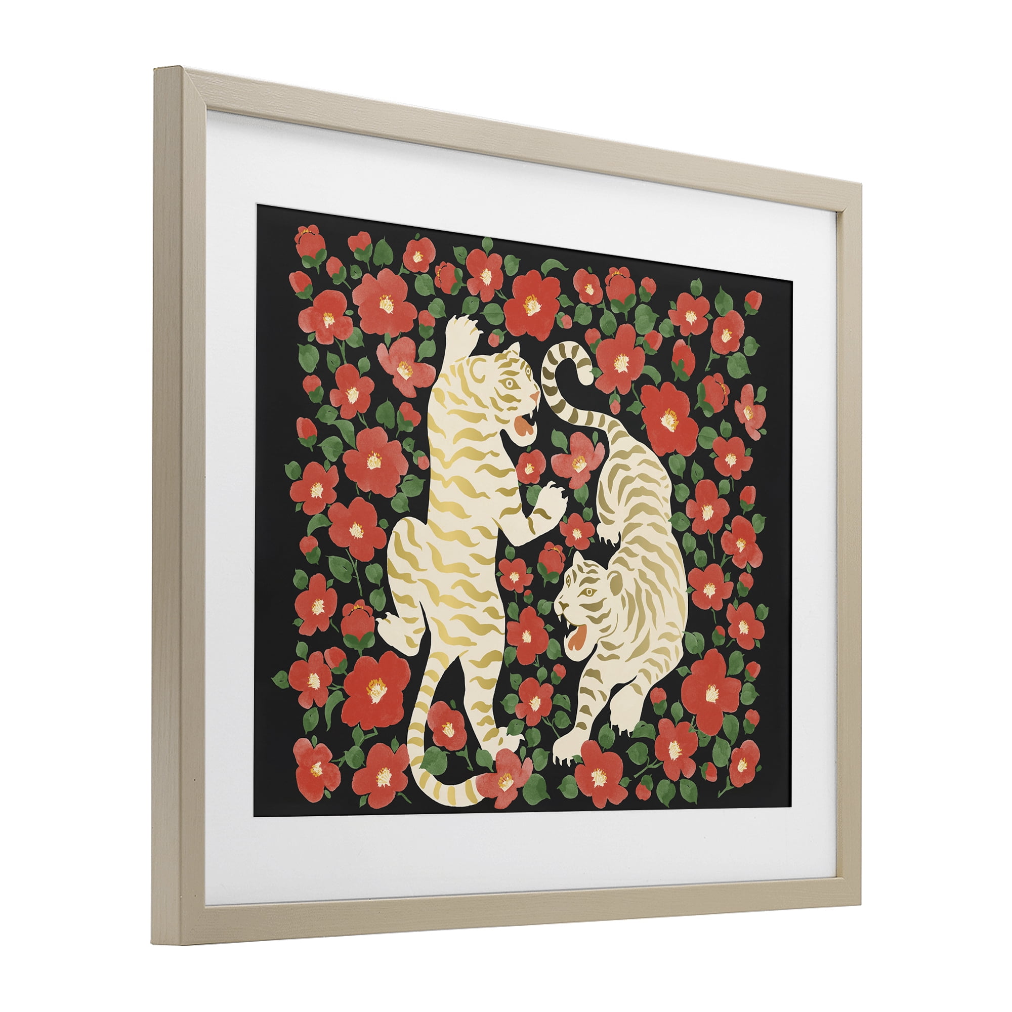 Stupell Industries Ivory Twin Tigers Among Flowers Birch Framed Print Under Glass, design by Karolina Sato