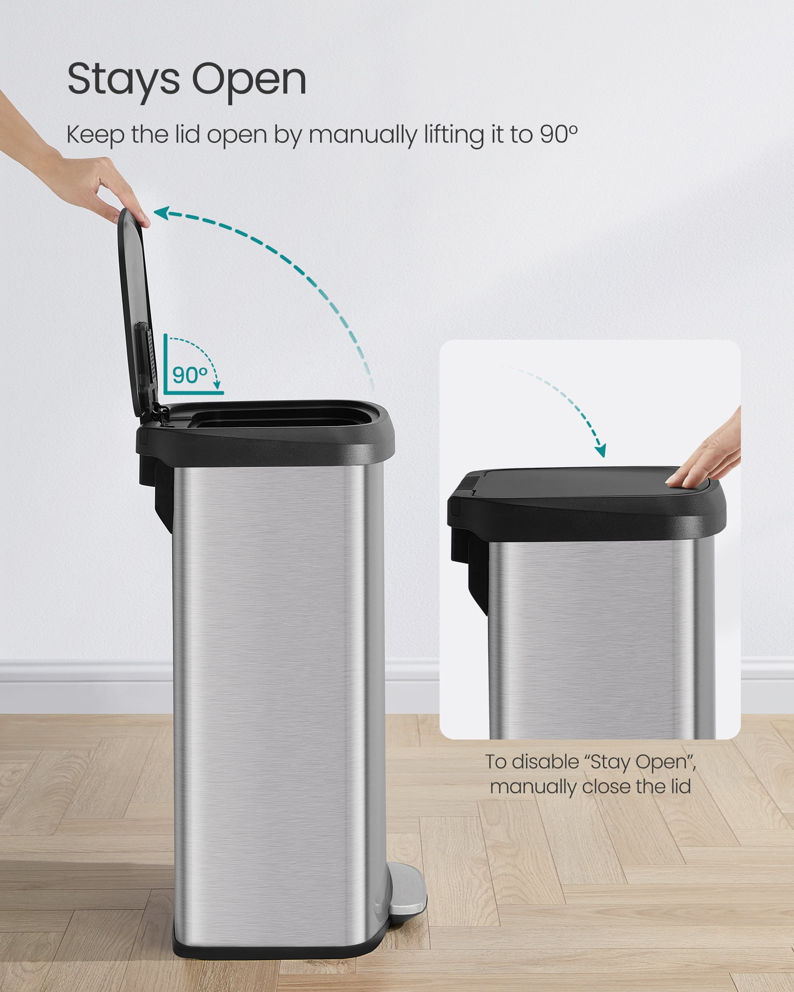 21-Gallon Stainless Steel Trash Can - Large Kitchen Garbage Bin with Stay-Open Lid, Odor Control & Foot Pedal, Space-Saving, Silver and Black