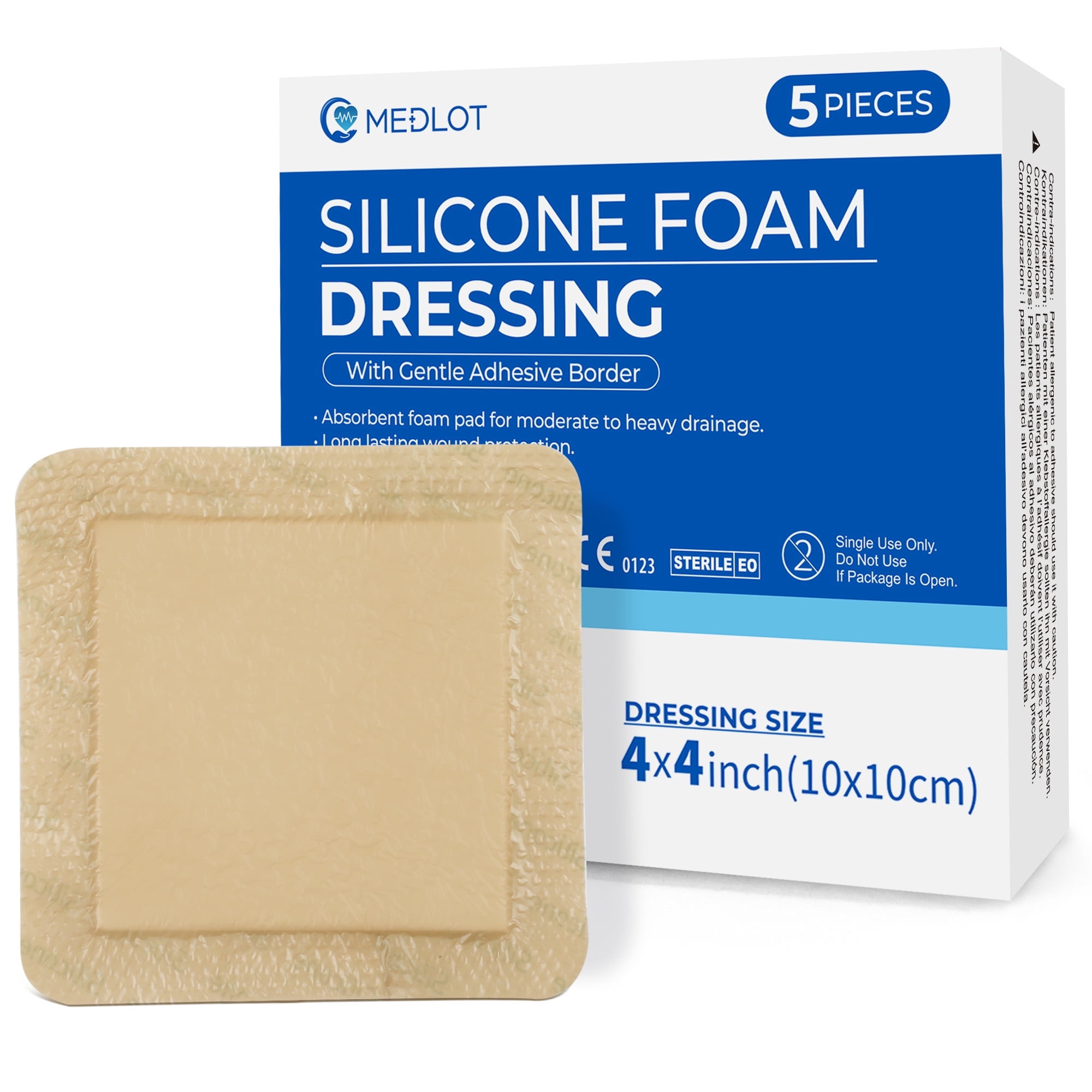 LotFancy Silicone Foam Dressing, 4x4 in, 5 Count, Adhesive Wound Dressing, Bed Sores, Wound Bandage