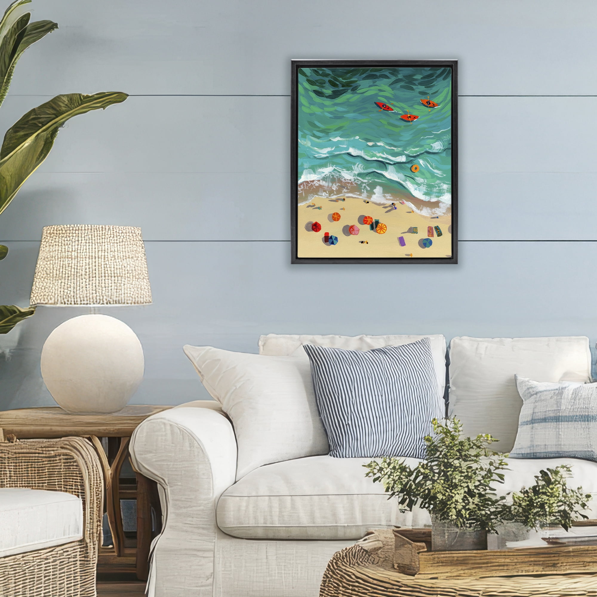 Stupell Industries Three Kayaks in Turquoise Waves Black Framed Floater Canvas Wall Art, design by Brook Page