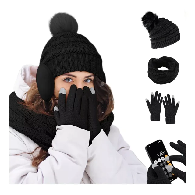 Conjunto 3 Guantes Gorro Bufanda Para Frío Tejidos Mujer