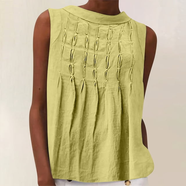 mfyjkho Tops Para Salir, Blusa Holgada De Lino Con Cuello Redondo Y Plisado Frontal Liso Para Mujer Tops Para Salir Para Mujer M
