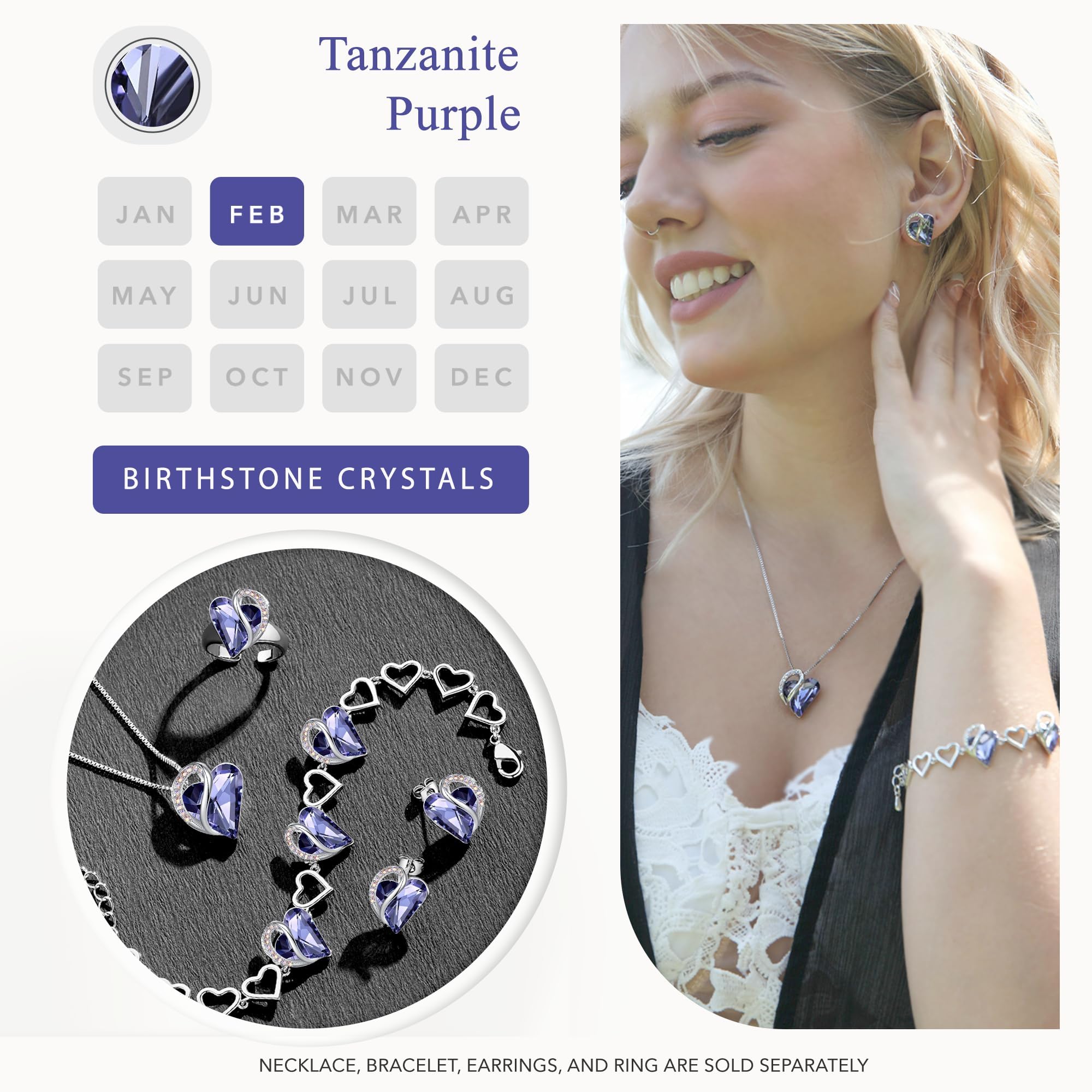 Leafael February Birthstone Crystal Earrings for Women, Tanzanite Purple Stone Stud Pierced Earring, Silver Plated Heart Birthday Gifts for Mom, Mother, and Young Adult